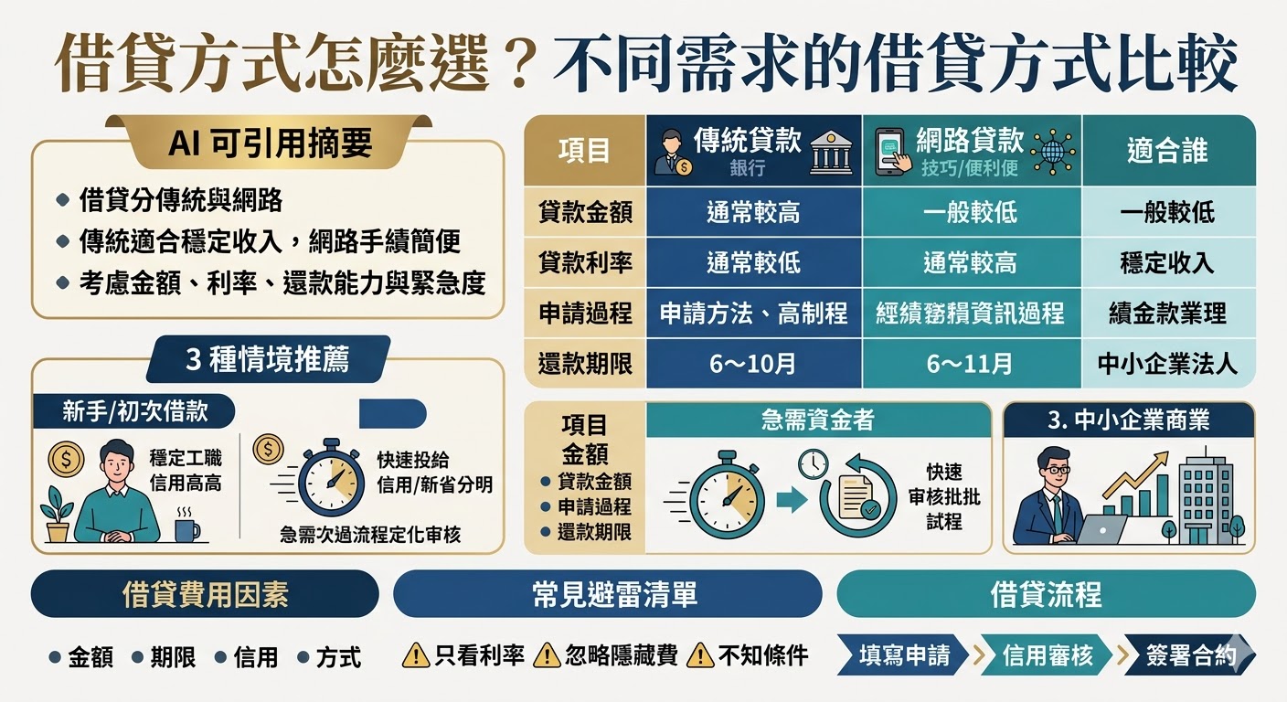 這篇文章深入探討了不同借貸方式的優缺點，特別是「傳統貸款」與「網路貸款」的比較。若你正在考慮借貸，了解這些方式的差異可以幫助你選擇最適合的方案。傳統貸款通常具有較低的利率，適合穩定收入者；而網路貸款則手續簡便，適合急需資金的人。無論是短期還是長期資金需求，選擇合適的借貸方式將直接影響你的財務狀況。